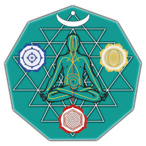 Meditierer sitzt vor einem Shri Yantra, umgeben von Symbolen 